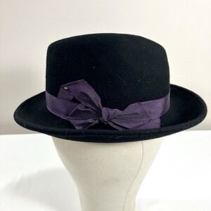 VTG Grace Hats Black Felt Asymmetrical Fedora Hat Purple Ribbon Women Ss S/M